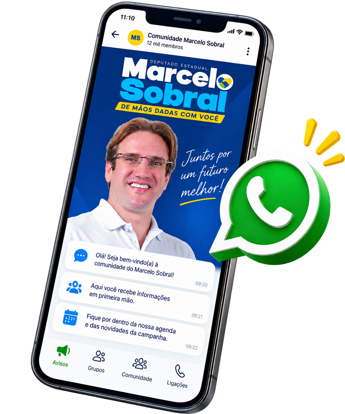 Celular exibindo a Comunidade Marcelo Sobral no WhatsApp com avisos da campanha